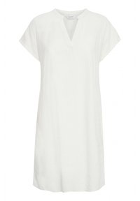 Weißes Leinenkleid mit lockerer Passform, kurzen Ärmeln und V-Ausschnitt. Einfaches Design ohne Muster oder Verzierungen.