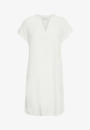 Abito bianco in lino con vestibilità rilassata, maniche corte e scollatura a V. Design semplice senza motivi o decorazioni.