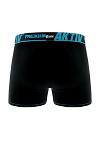 Boxers noirs avec une large ceinture élastique bleue arborant le logo "FREEGUN AKTIV". Texture lisse et coutures bleues contrastées.