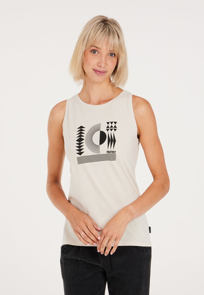 Top senza maniche beige con un design grafico geometrico nero, caratterizzato da diverse forme e linee, realizzato in tessuto leggero.