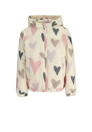 Kremowa kurtka z kapturem z wzorami serc w kolorach różowym, szarym i beżowym, z przednim zamkiem błyskawicznym, elastycznymi mankietami i bocznymi kieszeniami.