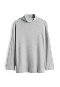 Maglione grigio chiaro con colletto a scialle, maniche lunghe, texture a coste e vestibilità comoda. Materiale morbido e design minimalista.