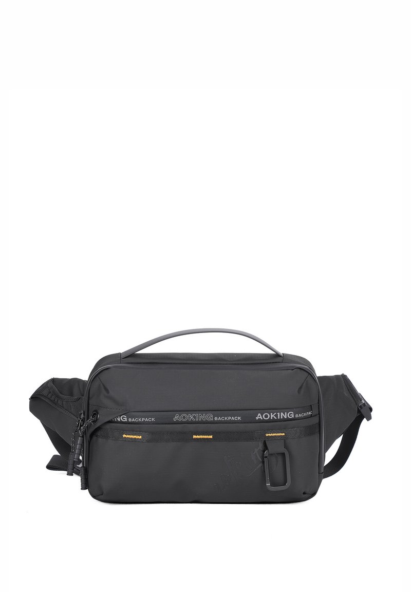 Borsa a spalla AOKING nera con molteplici tasche con zip, una tracolla regolabile, tessuto resistente e un design rettangolare elegante.