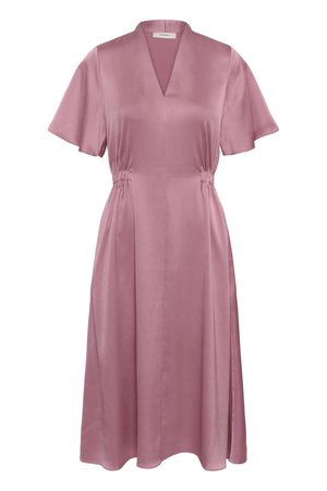 Mávas térdig érő ruha V-nyakkivágással, rövid fodros ujjakkal, enyhén összegyűrt derékkal és sima, texturált anyaggal.