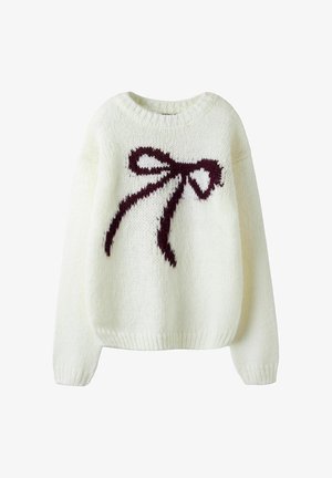 Kremais džemperis, izgatavots no adīta auduma, ar tumši burgundijas krāsas loku dizainu priekšpusē, apaļu kakla izgriezumu un ribotām piedurknēm un apakšmalu.