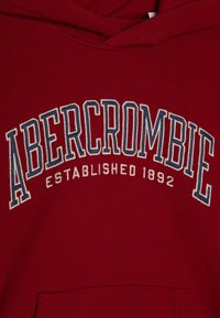 Bordeaux hoodie met witte en blauwe gebogen tekst "ABERCROMBIE" met daaronder "ESTABLISHED 1892". Zacht stof met een klassiek ontwerp.