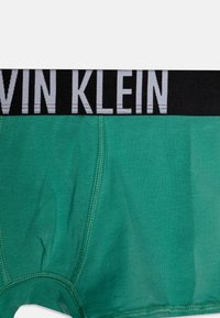 Grønne bomullsshorts med svart elastisk midjebånd som har "CALVIN KLEIN" i hvite bokstaver; glatt tekstur og tettsittende design.