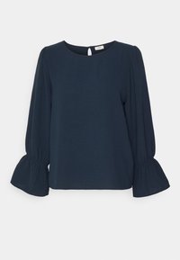 Marineblauwe blouse met ronde halslijn, lange mouwen die aan de polsen zijn gathered, en uitlopende mouwen.