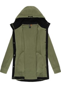 Green fleece jacket with black accents, hood, snap closures, and two front pockets. Soft texture with a cozy interior lining.