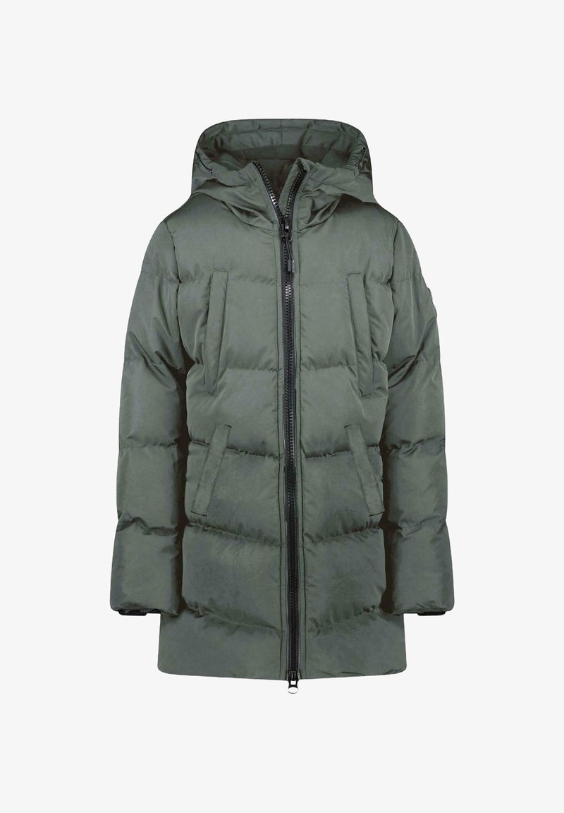 Groene gevoerde jas met een capuchon, voorzien van een ritssluiting aan de voorkant, twee grote pockets en een gequilt oppervlak voor isolatie.