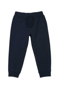Pantalons de survêtement bleu marine en tissu mélangé coton, dotés d'une taille élastique avec cordon de serrage, de deux poches latérales et de poignets côtelés.