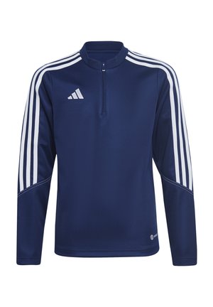 Marineblauw sportshirt met lange mouwen en een kwart rits. Bevat drie witte strepen op elke schouder en een Adidas-logo op de borst.
