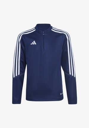 Navyblaues langärmliges Sportoberteil mit einem Viertelreißverschluss. Es hat drei weiße Streifen auf jeder Schulter und ein Adidas-Logo auf der Brust.