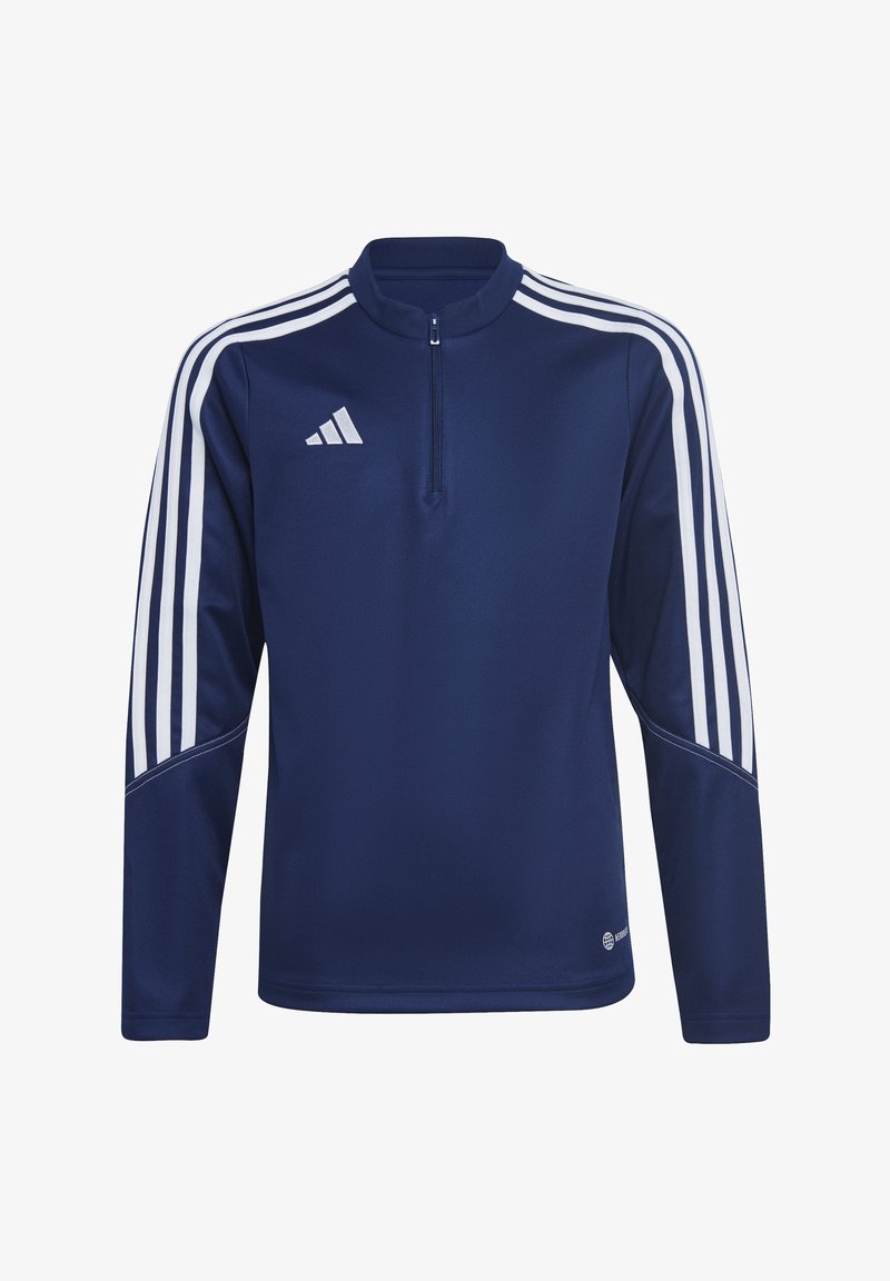 Navyblaues langärmliges Sportoberteil mit einem Viertelreißverschluss. Es hat drei weiße Streifen auf jeder Schulter und ein Adidas-Logo auf der Brust.