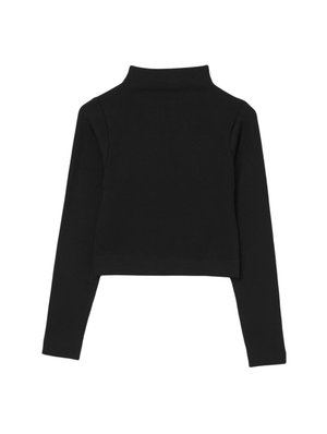 Maglione cropped nero a coste con collo alto e maniche lunghe. Tessuto liscio, design aderente con colletto alto.