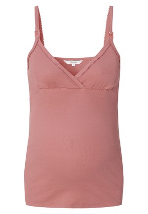 Schwangerschafts-Camisole in staubigem Rosa, mit geripptem Textil, verstellbaren Trägern und einem Überkreuz-Design vorne, verziert mit Spitze.