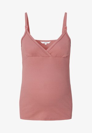 Schwangerschafts-Camisole in staubigem Rosa, mit geripptem Textil, verstellbaren Trägern und einem Überkreuz-Design vorne, verziert mit Spitze.