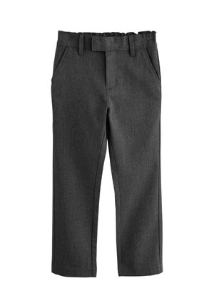 Ciemnoszare spodnie o prostych nogawkach z szlufkami na pasek, bocznymi kieszeniami i przednią klapką do zapięcia.