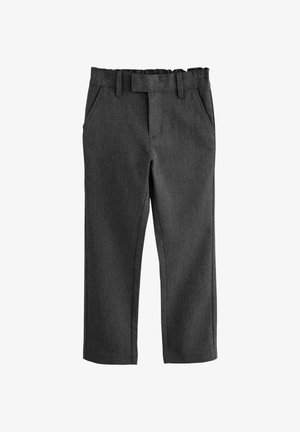 Pantalones de pierna recta de color gris oscuro con presillas para cinturón, bolsillos laterales y una solapa frontal de cierre.