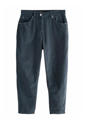 Mörkblå denimbyxor med rak bendesign, fem fickor, knappstängning och subtil ribbad struktur genom hela tyget.
