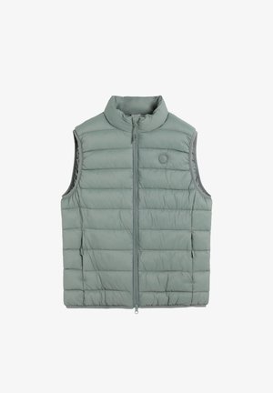 Gepolsterte Weste in hellgrün mit hohem Kragen, Reißverschluss vorne und seitlichen Taschen. Karo-gestepptes Design mit Kontrastbesatz an den Armöffnungen.