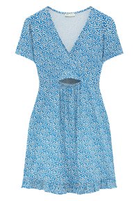 Modré květinové šaty s krátkým rukávem, V-výstřihem a výřezem v pase. Vyrobené z lehkého materiálu, s malými bílými květy.