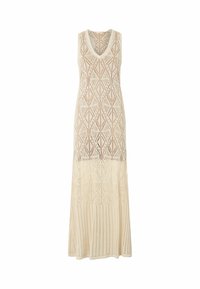 Abito lungo senza maniche in beige con un intricati motivo all'uncinetto, caratterizzato da una scollatura a V e una parte inferiore plissettata. Tessuto leggero e strutturato.
