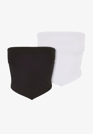 Black and white tube tops made from stretch fabric. Each features a smooth texture with a fitted, strapless design and pointed hem.