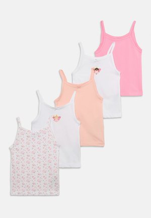 Öt lány ujjatlan top pink, őszibarack, fehér tündér mintával, valamint fehér rózsaszín virágmintával, legyező alakban elrendezve.