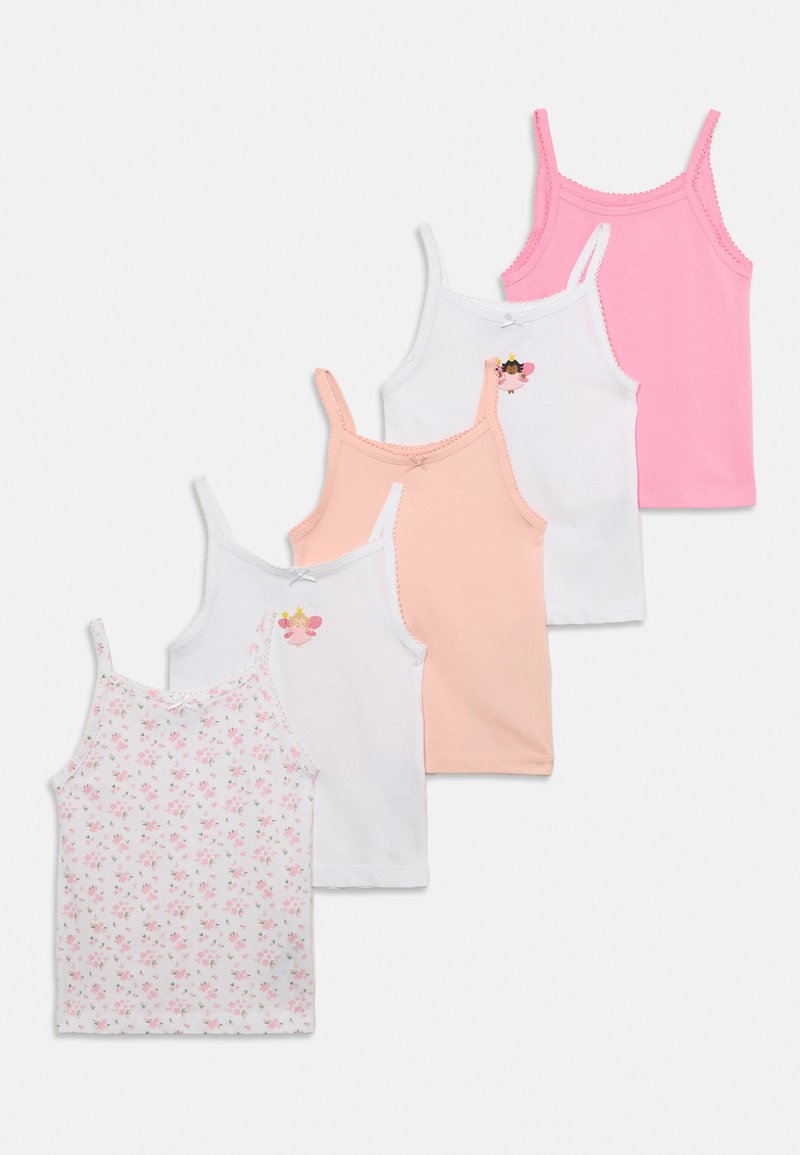 Πέντε αμάνικα γυναικεία τοπ σε ροζ, ροδάκινο, λευκό με σχέδιο νεράιδας και λευκό με ροζ λουλουδάτο μοτίβο, τοποθετημένα σε σχήμα βεντάλιας.