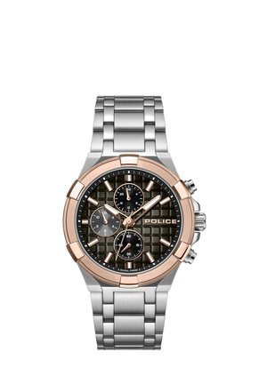 Men's stainless steel Police wristwatch with black textured dial, rose gold bezel, three subdials, and date display, linked metal band.