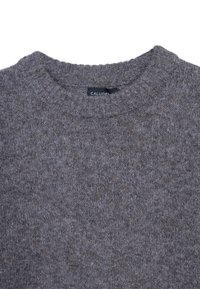 Gray knit sweater with a textured surface, featuring a ribbed crew neckline and a small label inside displaying the brand name "CALLIOPE."