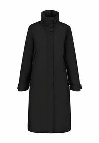 Długi czarny wodoodporny płaszcz z wysokim kołnierzem, ukrytym zapięciem z przodu, długimi rękawami z regulowanymi mankietami oraz kieszeniami bocznymi.