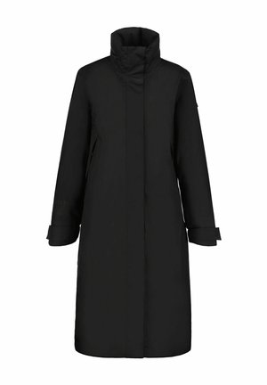 Langer schwarzer wasserdichter Mantel mit hohem Kragen, verdecktem Frontverschluss, langen Ärmeln mit verstellbaren Bündchen und Seitentaschen.