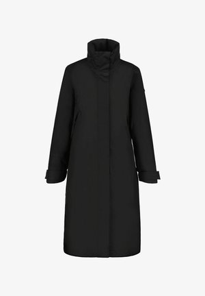 Langer schwarzer wasserdichter Mantel mit hohem Kragen, verdecktem Frontverschluss, langen Ärmeln mit verstellbaren Bündchen und Seitentaschen.