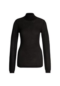 Maglione nero a collo alto con maniche lunghe, caratterizzato da un motivo testurizzato e polsini a costine. Il materiale sembra leggero e elasticizzato.