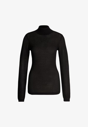 Maglione nero a collo alto con maniche lunghe, caratterizzato da un motivo testurizzato e polsini a costine. Il materiale sembra leggero e elasticizzato.