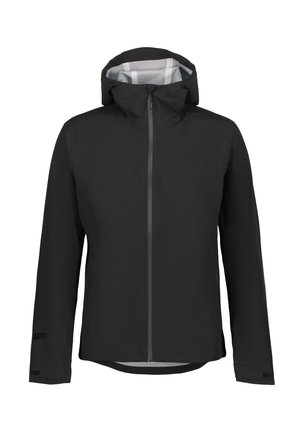 Giacca nera impermeabile con cappuccio, cerniera frontale, maniche lunghe e polsini regolabili, mostrata su uno sfondo bianco.
