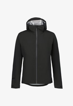 Zwarte waterdichte jas met kap, voorrits, lange mouwen en verstelbare manchetten, afgebeeld op een effen witte achtergrond.