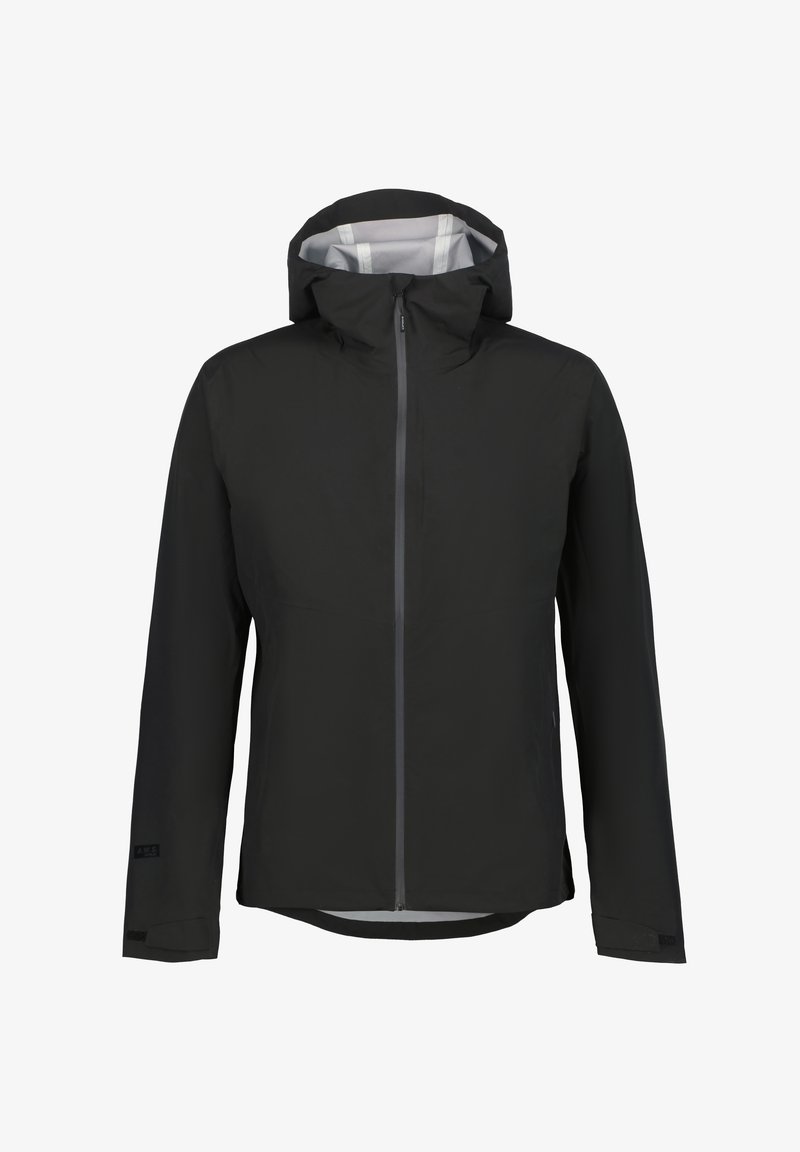 Veste imperméable noire à capuche avec fermeture éclair frontale, manches longues et poignets ajustables, présentée sur un fond blanc uni.