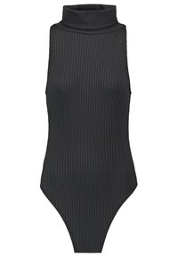 Svart ribbad bodysuit med hög hals, ärmlös design och högskurna ben för en åtsittande silhuett. Mjuk textur och sömlös finish.