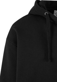 Black hooded sweatshirt featuring a soft texture, drawstring with metal eyelets, and a relaxed fit design.