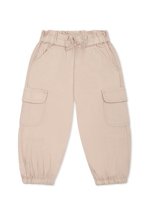 Pantaloni cargo beige con vita elasticizzata, lacci regolabili, due tasche laterali e due tasche sulla coscia; realizzati in un tessuto morbido e leggero.