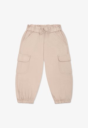 Pantaloni cargo beige con vita elasticizzata, lacci regolabili, due tasche laterali e due tasche sulla coscia; realizzati in un tessuto morbido e leggero.