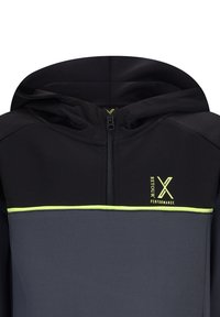 Felpa con cappuccio caratterizzata da una parte superiore nera con texture in rete, una sezione inferiore grigia, una zip frontale e una striscia di accento verde neon.