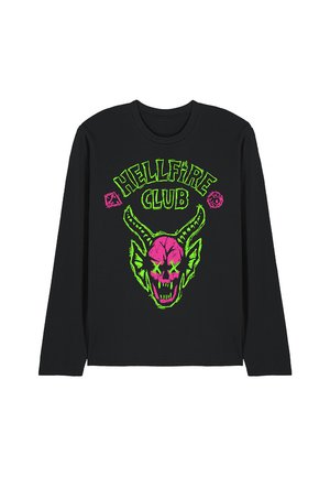 Black long-sleeve t-shirt featuring a vibrant pink and green graphic of a horned skull with the text "HELLFIRE CLUB" above it.
