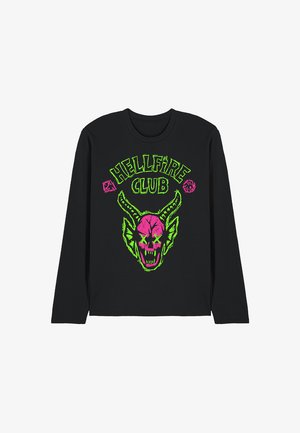Black long-sleeve t-shirt featuring a vibrant pink and green graphic of a horned skull with the text "HELLFIRE CLUB" above it.