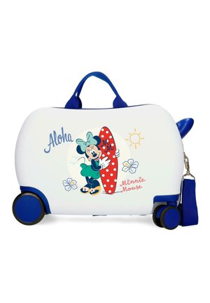 Maleta infantil de ruedas blanca y azul con asa, con Minnie Mouse sosteniendo una tabla de surf roja con lunares y el texto "Aloha".