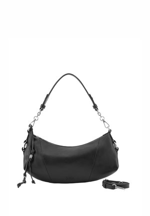 Sac à bandoulière en cuir noir avec fermeture éclair incurvée, bandoulière amovible et pompons décoratifs en nœuds sur fond blanc.