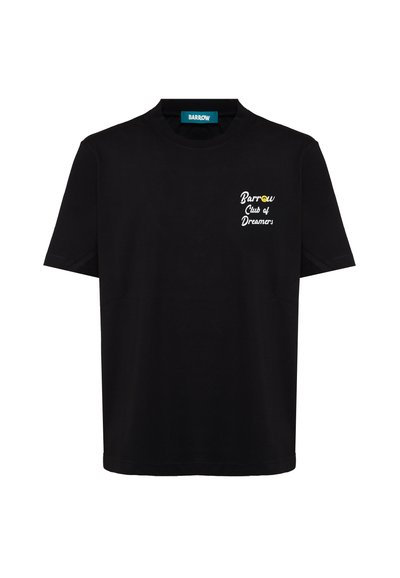 Black short-sleeve t-shirt with "Barrow Club of Dreamers" text and a small yellow smiley face on the left chest.